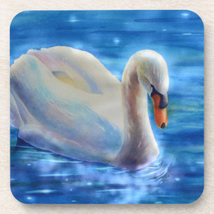 Elegant white swan watercolor painting coaster