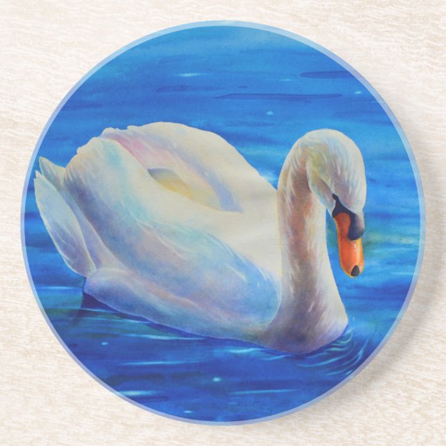 Elegant white swan watercolor painting coaster (Front)