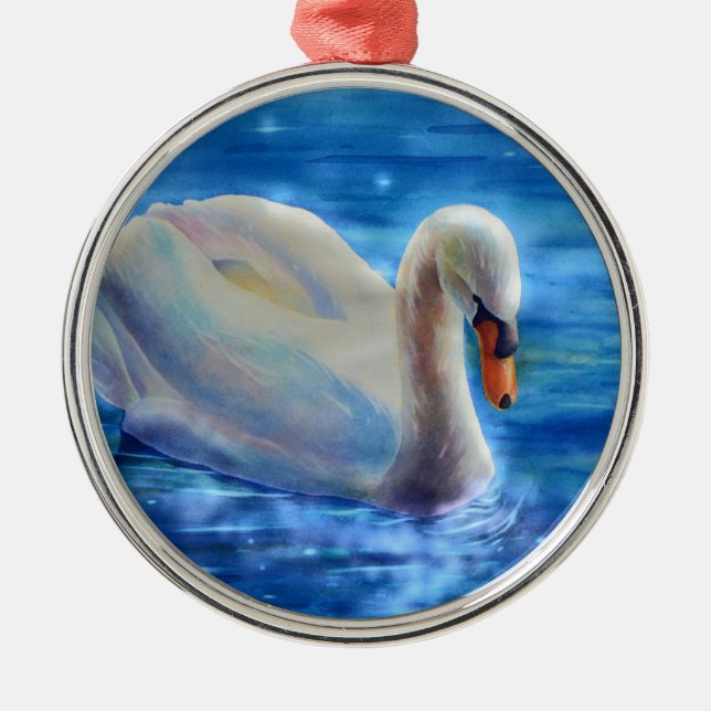 Elegant white swan watercolor painting metal tree decoration (Front)