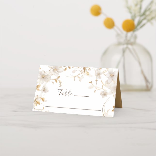 Elegant White Tan Flower Design Wedding Place Card (Front)