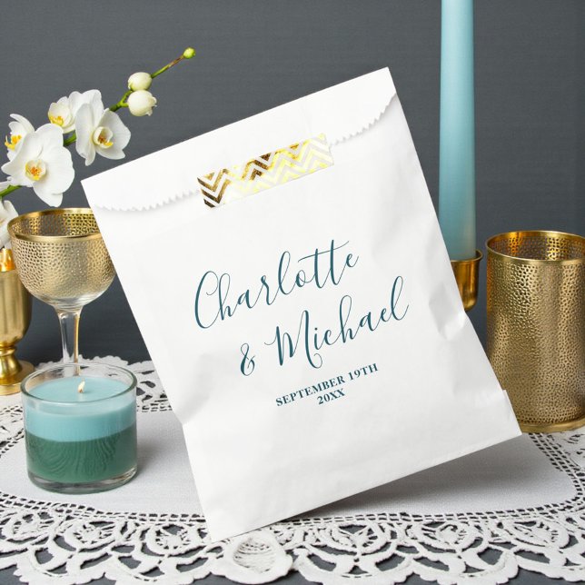 Elegant White & Teal Script Minimalist Wedding Favour Bags (Creator Uploaded)
