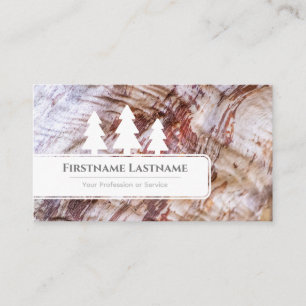 Elegant white trees on brown wood grain wooden cut business card