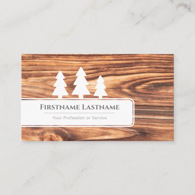 Elegant white trees on brown wood grain wooden cut business card (Front)