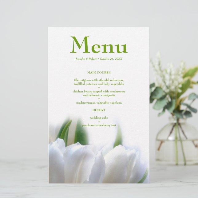 Elegant White Tulips Wedding Dinner Menu Card (Standing Front)