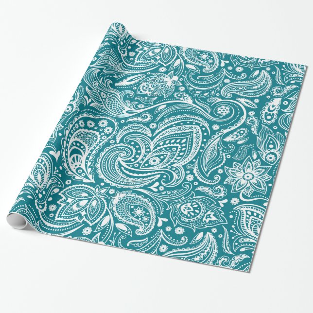 Elegant White & Turquoise Blue Floral Paisley Wrapping Paper (Unrolled)