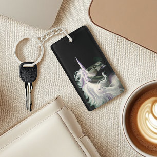 Elegant White Unicorn Flowing Mane Purple Fantasy Key Ring