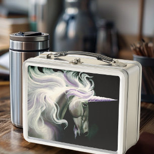 Elegant White Unicorn Flowing Mane Purple Fantasy Metal Lunch Box