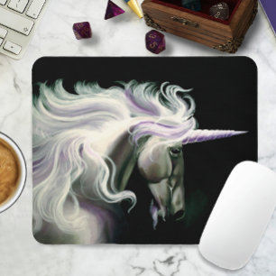 Elegant White Unicorn Flowing Mane Purple Fantasy Mouse Pad