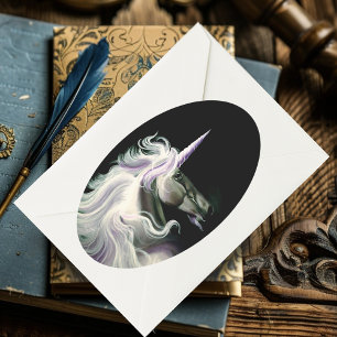Elegant White Unicorn Flowing Mane Purple Fantasy Oval Sticker