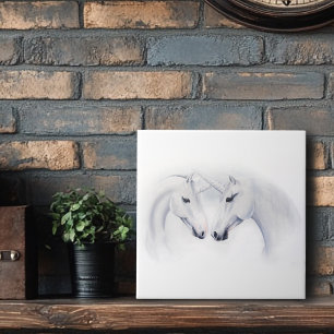 Elegant White Unicorns Couple Fantasy Romantic Tile