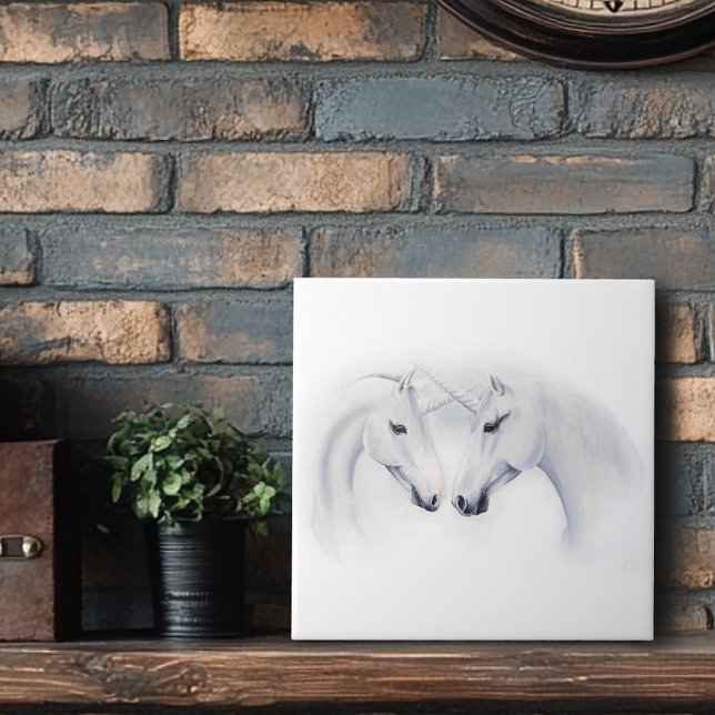 Elegant White Unicorns Couple Fantasy Romantic  Tile (Creator Uploaded)