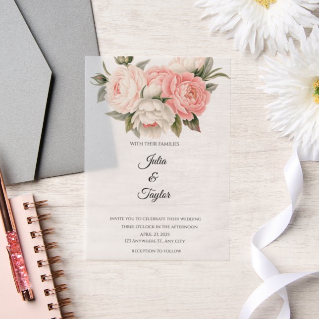 Elegant White  vellum Rose Invitation (Wedding)