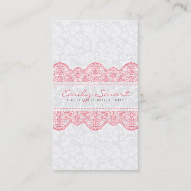 Elegant White Vintage Damasks Pink Lace Business Card (Front)