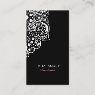 Elegant White Vintage Lace On Black Business Card