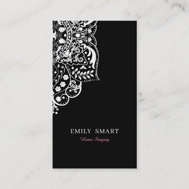 Elegant White Vintage Lace On Black Business Card (Front)