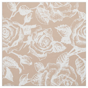 Elegant White Vintage Roses Custom Tan Background Fabric