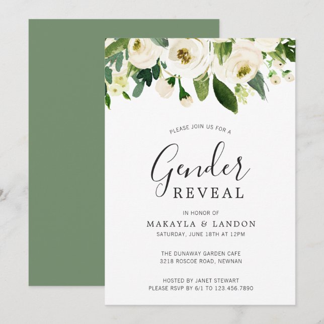 Elegant White Watercolor Floral Gender Reveal Invitation (Front/Back)