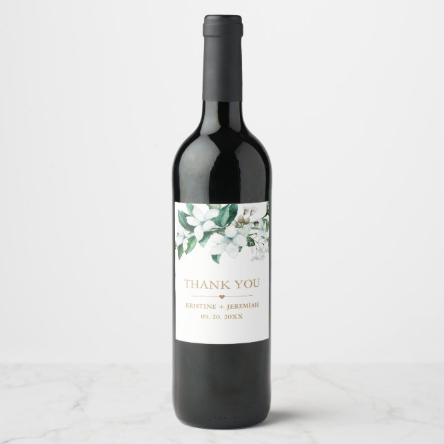 Elegant White Watercolor Floral Greenery Wedding Wine Label (Front)