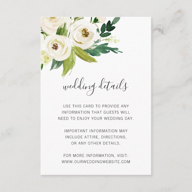 Elegant White Watercolor Floral Wedding Details Enclosure Card (Front)