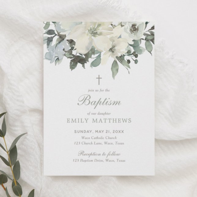 Elegant White Watercolor Flowers Greenery Baptism Invitation (Creator Uploaded)