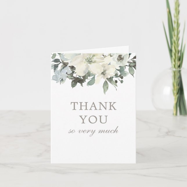 Elegant White Watercolor Flowers Greenery Baptism Thank You Card (Front)