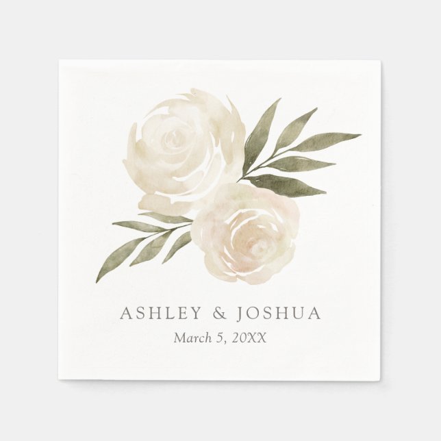 Elegant White Watercolor Rose Wedding Napkins (Front)