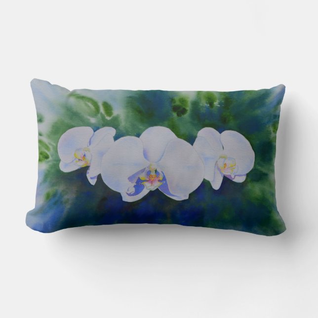 Elegant white watercolor tropical boho orchids  lumbar cushion (Front)