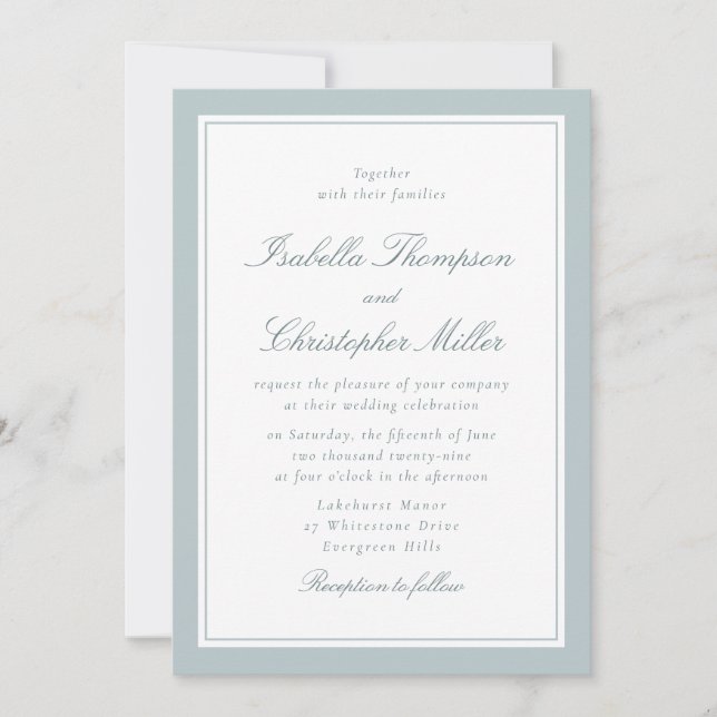 Elegant White Wedding Invitation with Soft Blue Fr (Front)