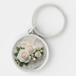 Elegant White Wedding Lace And Roses, Key Ring