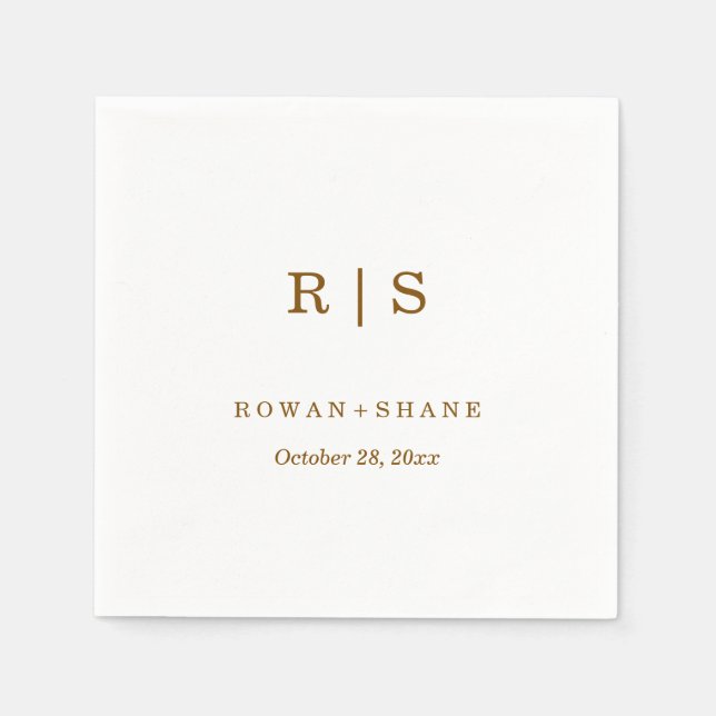 Elegant White Wedding Napkin with Brown Monogram (Front)