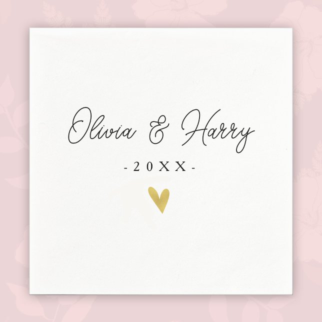  Elegant White Wedding Paper Napkin | Gold Heart (Creator Uploaded)