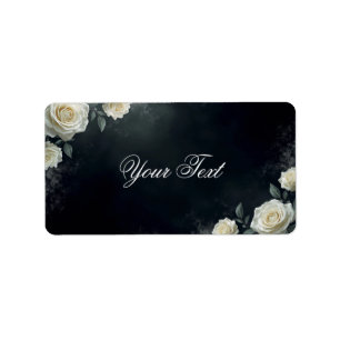Elegant White Wedding Roses on Black Background Label