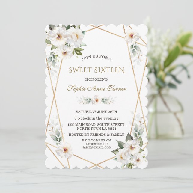 Elegant White Wild Roses Gold Sweet Sixteen  Invitation (Standing Front)