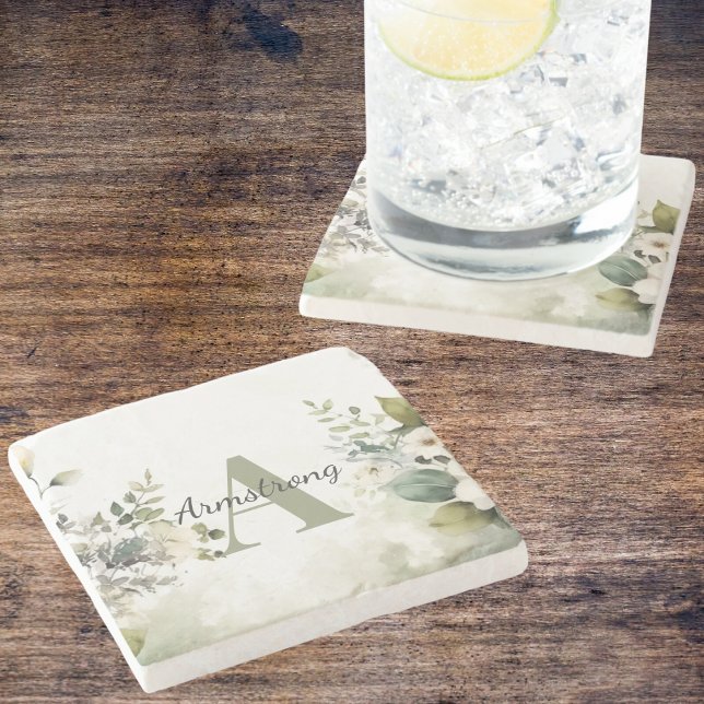 Elegant White Wildflowers & Greenery Monogram  Stone Coaster (Creator Uploaded)