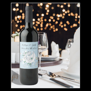Elegant White Winter Fantasy Dragon Roses Wedding Wine Label