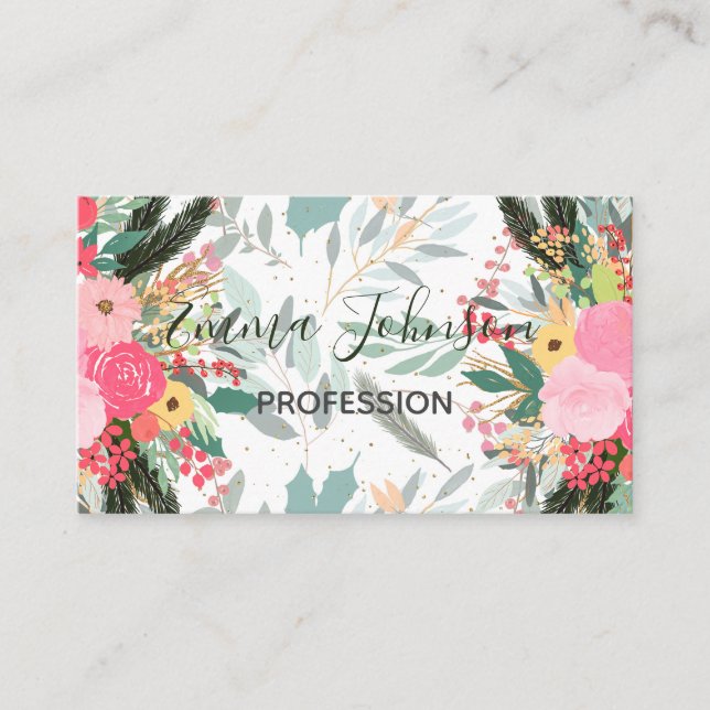 Elegant White Winter Floral & Gold Glitter Dots Business Card (Front)