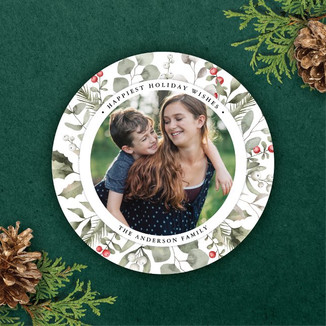 Elegant White Winter Greenery Wreath Photo Round Holiday Card (Creator Uploaded)