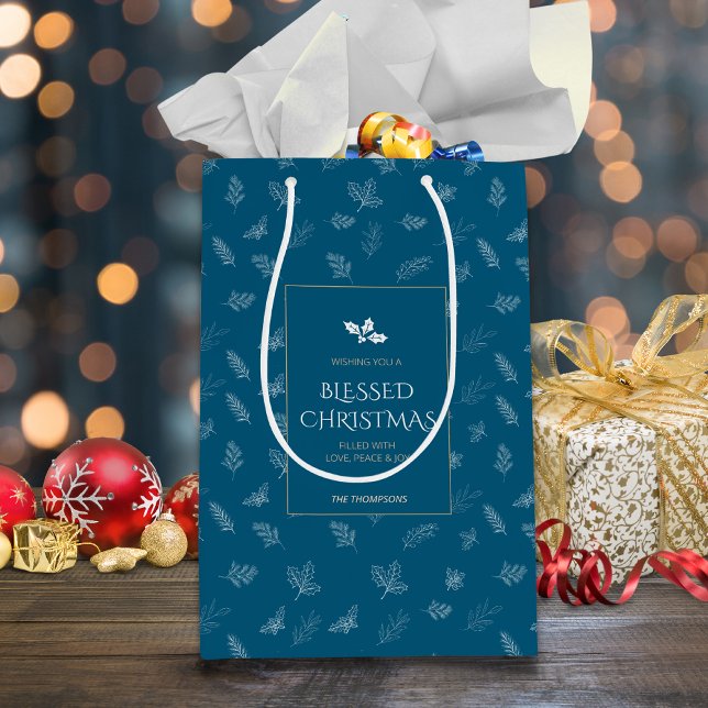 Elegant White Winter Leaves Mistletoe Blue Medium Gift Bag (Creator Uploaded)