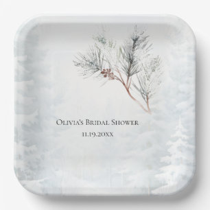 Elegant White Winter Pine Bridal Shower Paper Plate