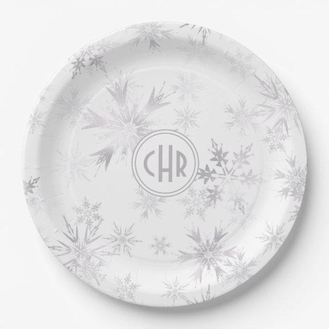 Elegant White Winter Snowflakes Paper Plate (Front)