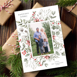 Elegant White Winter Watercolor Greenery Photo Holiday Card