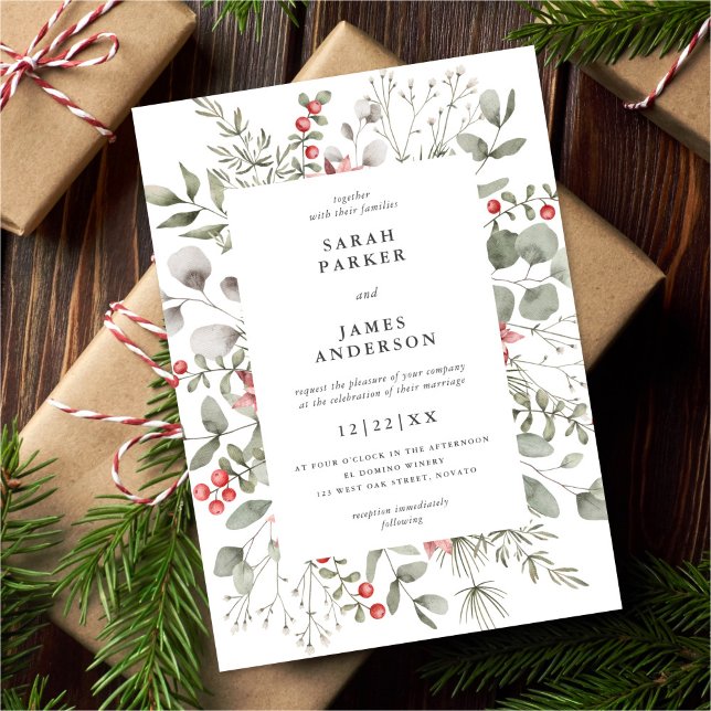 Elegant White Winter Watercolor Greenery Wedding Invitation (Creator Uploaded)