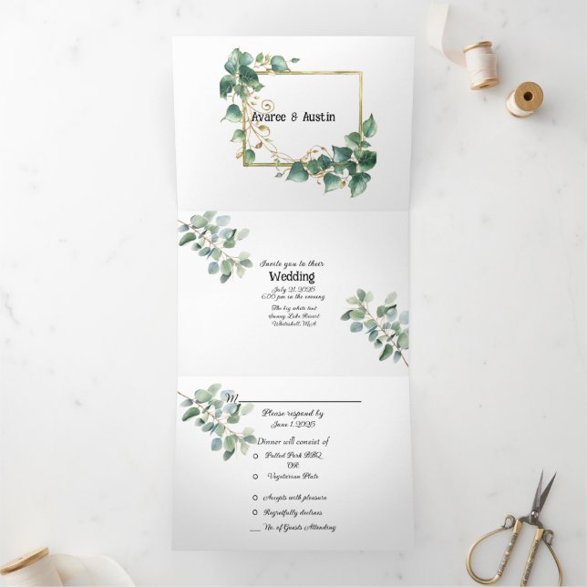 Elegant White with Eucalyptus Trim Wedding Tri-Fold Invitation (Inside)