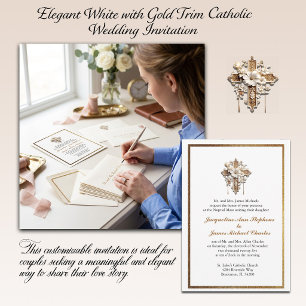 Elegant White with Gold Trim Catholic Wedding Invitation