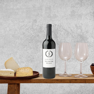 Elegant White with Monogram Wreath Wine Label
