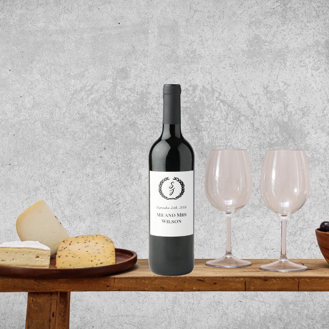 Elegant White with Monogram Wreath Wine Label (Creator Uploaded)