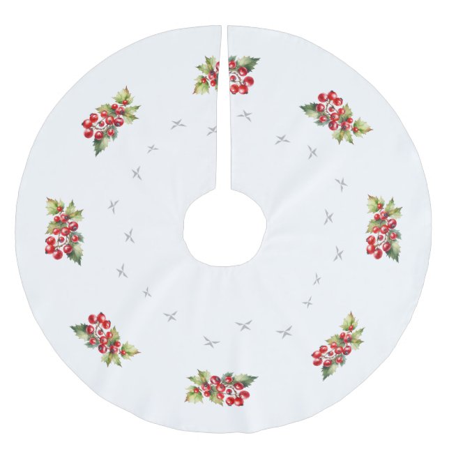 Elegant White with Red Berries & Stars Christmas Brushed Polyester Tree Skirt (Front)