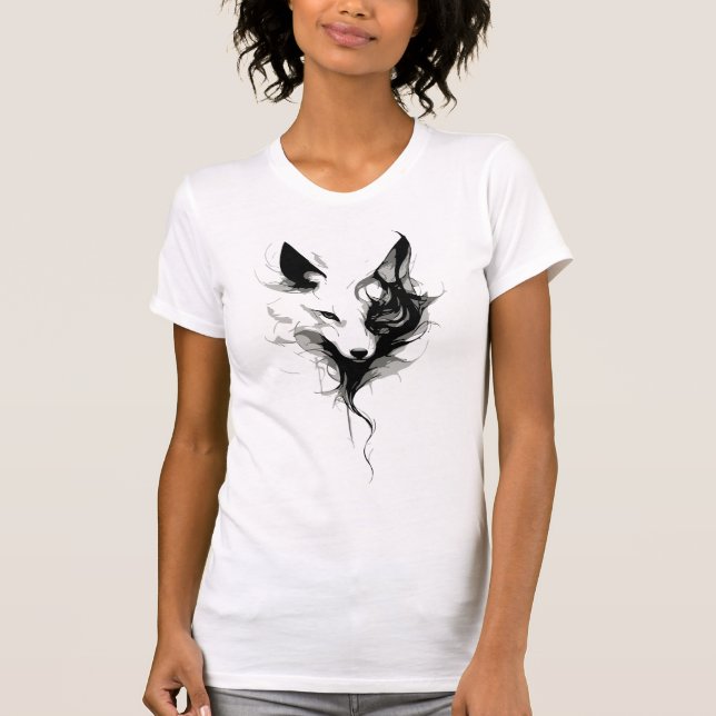 Elegant White Wolf Art in Black Ink T-Shirt (Front)