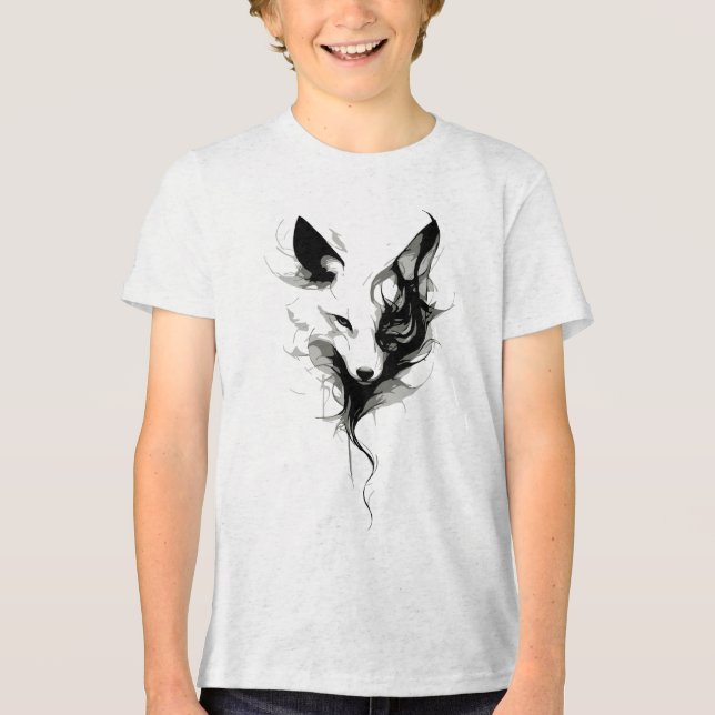 Elegant White Wolf Art in Black Ink Tri-Blend Shirt (Front)