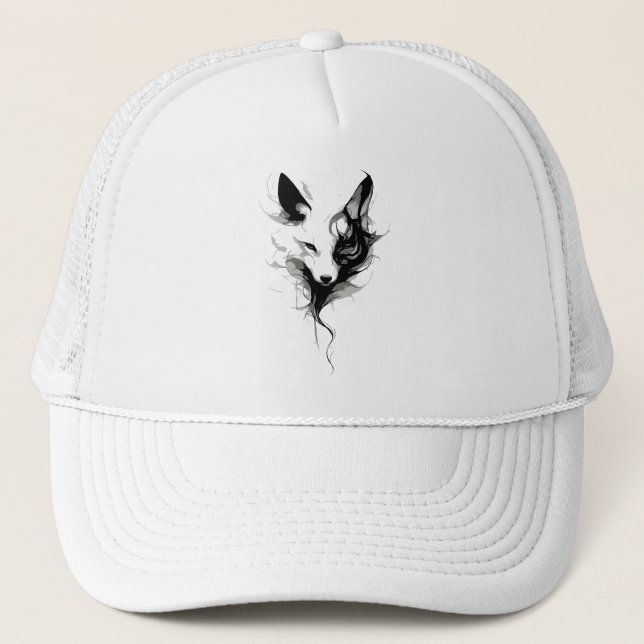 Elegant White Wolf Art in Black Ink Trucker Hat (Front)